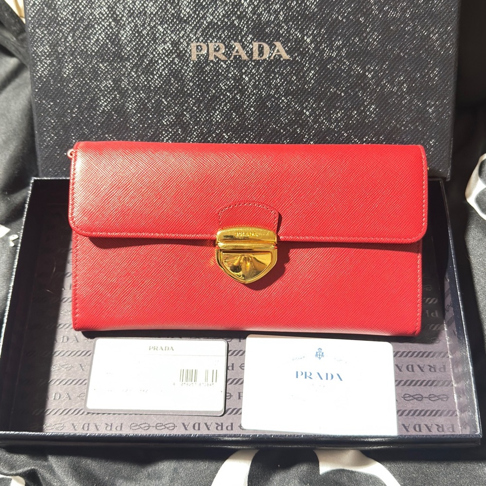 Prada Scarlet Leather Clutch with Gold Accent / wallet on a Chain.